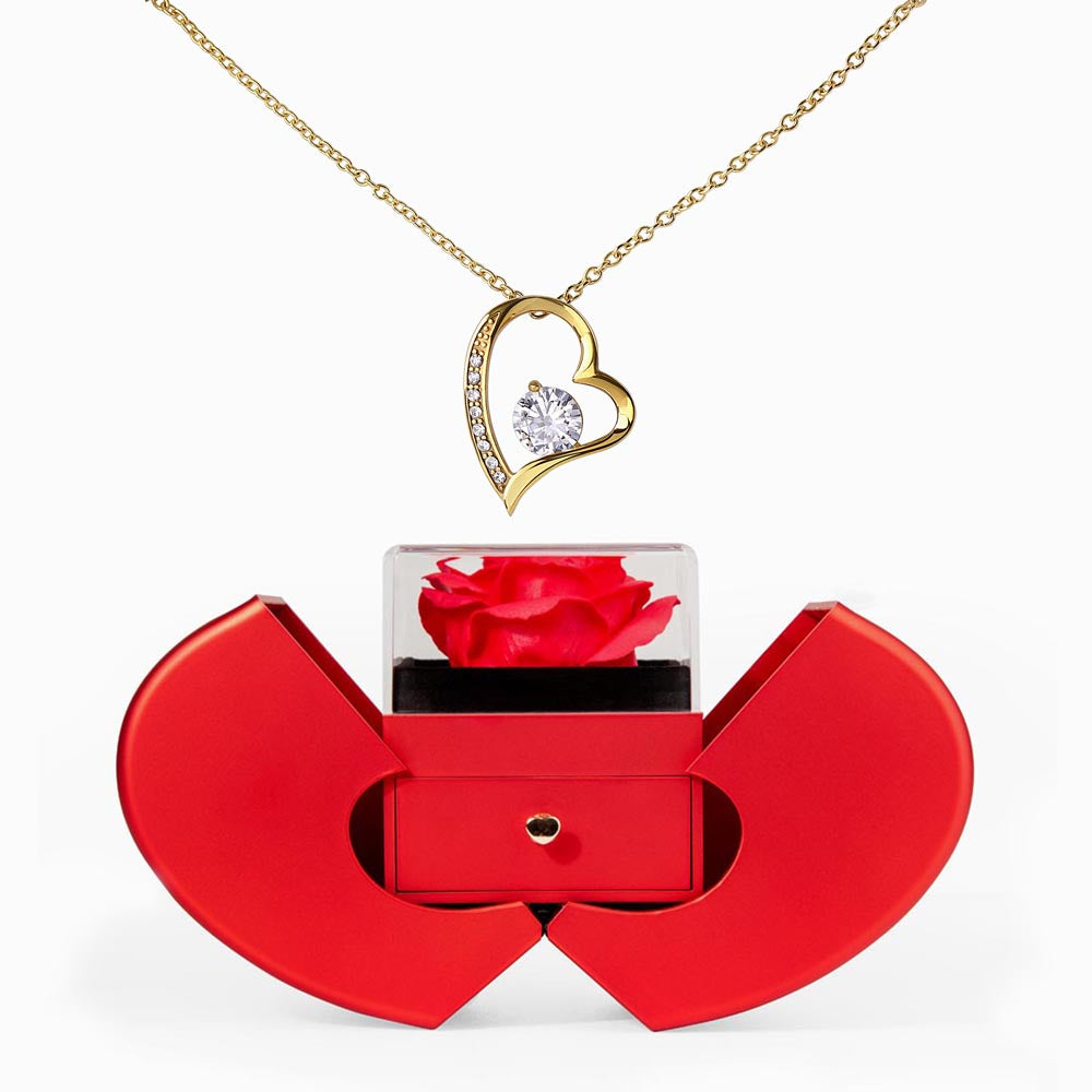 Red Heart Rose Box with Forever Love Pendant Necklace - FREE SHIPPING