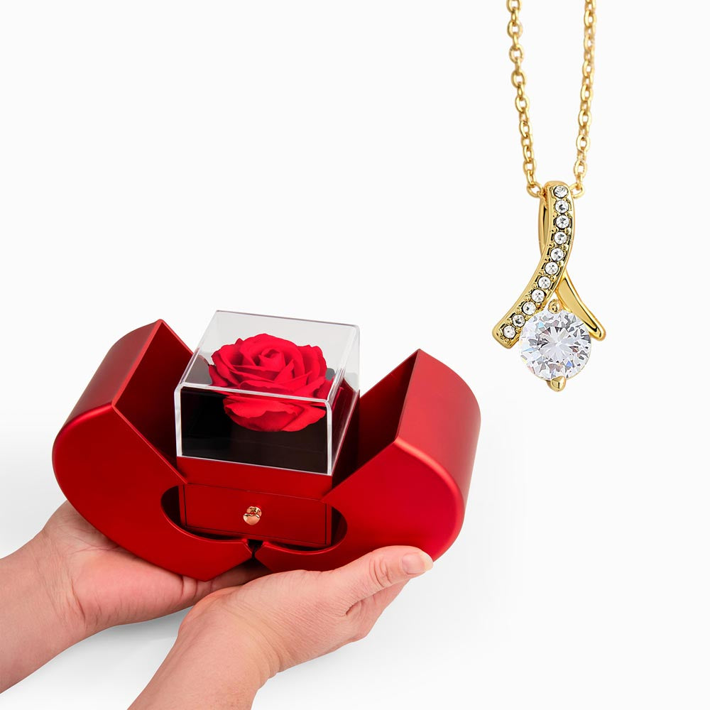 Red Heart Rose Box with Alluring Beauty Pendant Necklace - FREE SHIPPING