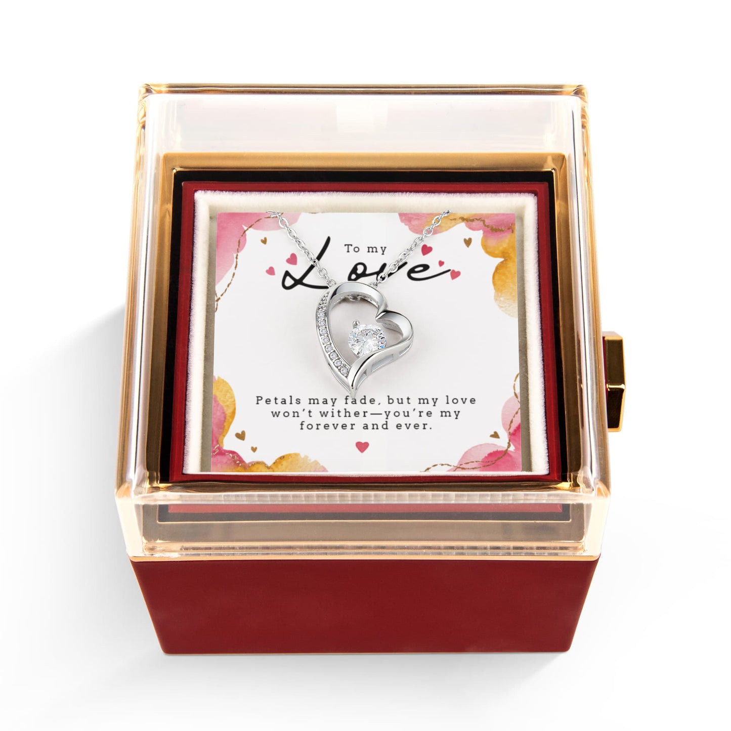 Rotating Rose Gift Box with Forever Love Heart Pendant Necklace - FREE SHIPPING
