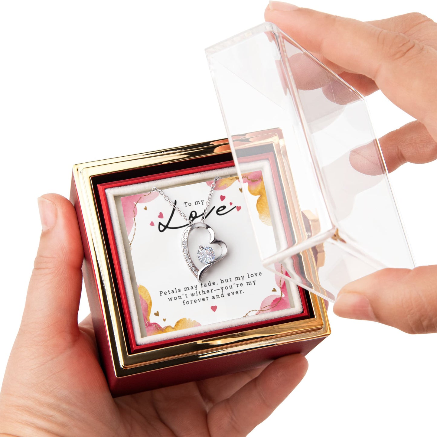 Rotating Rose Gift Box with Forever Love Heart Pendant Necklace - FREE SHIPPING