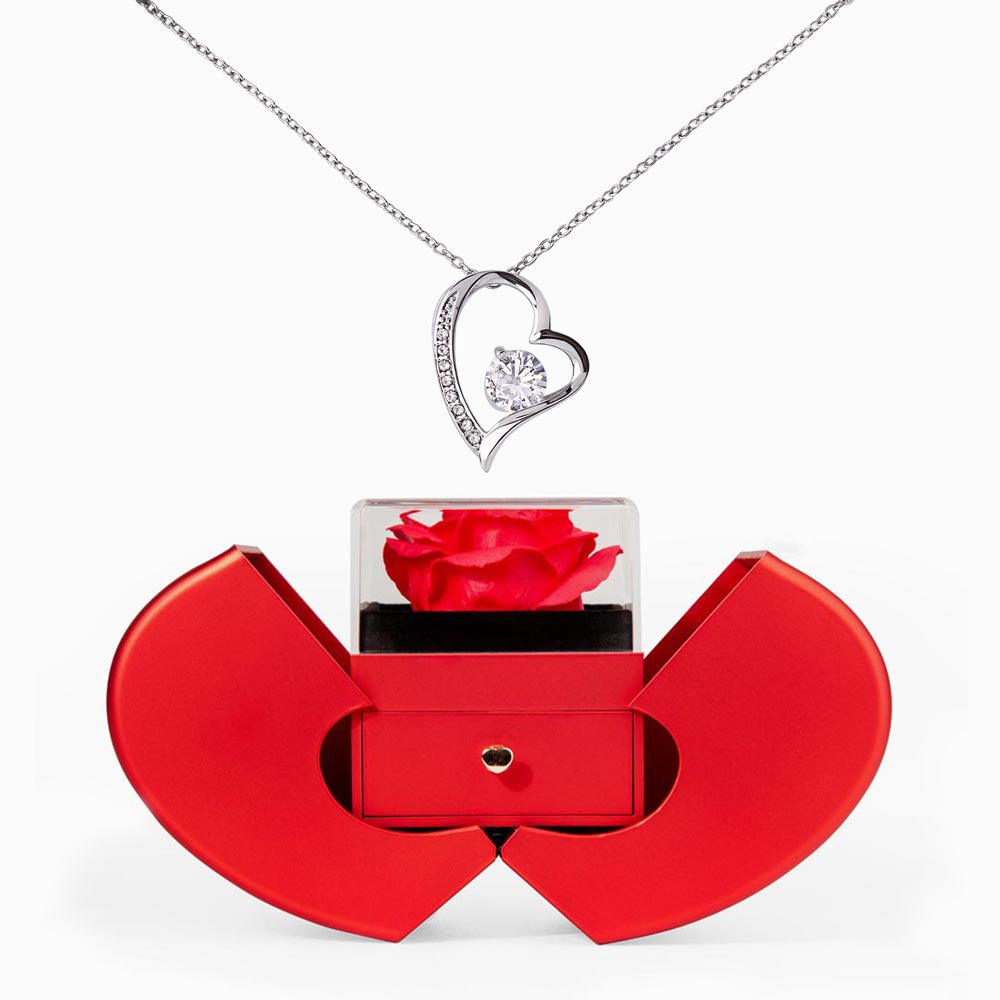 Red Heart Rose Box with Forever Love Pendant Necklace - FREE SHIPPING