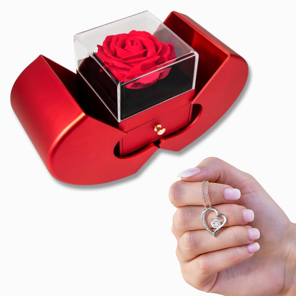 Red Heart Rose Box with Forever Love Pendant Necklace - FREE SHIPPING