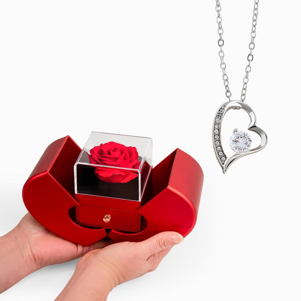 Red Heart Rose Box with Forever Love Pendant Necklace - FREE SHIPPING