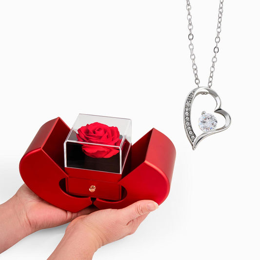 Red Heart Rose Box with Forever Love Pendant Necklace - FREE SHIPPING