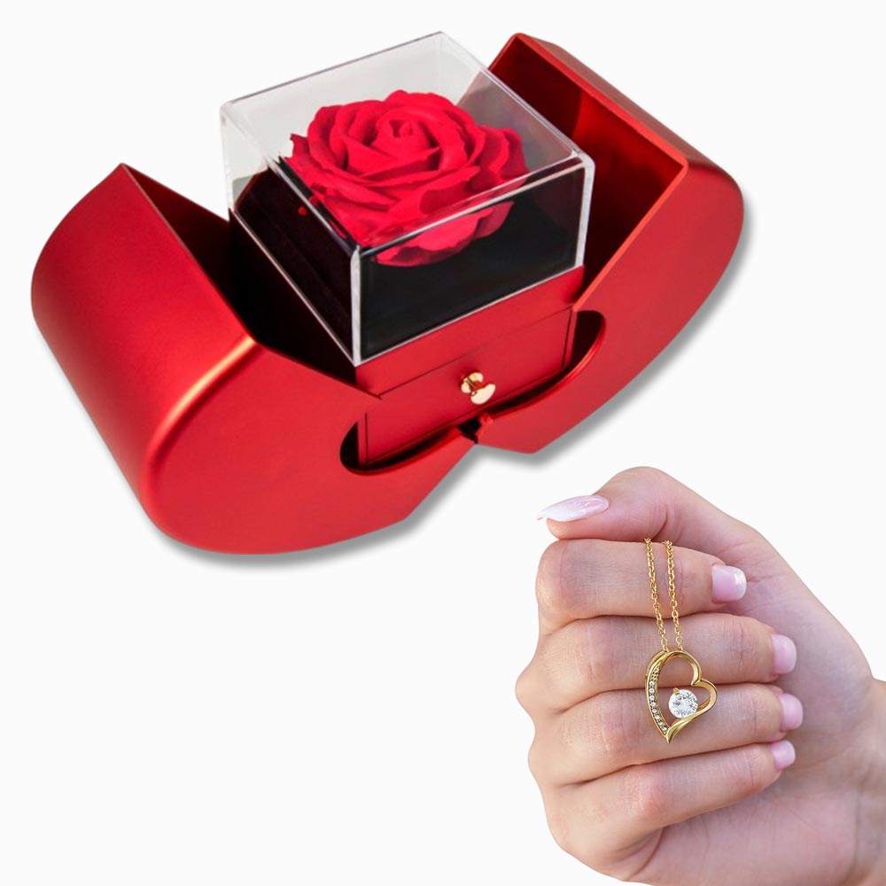 Red Heart Rose Box with Forever Love Pendant Necklace - FREE SHIPPING